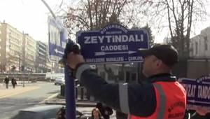ABD Büyükelçiliği önündeki caddeye 'Zeytin Dalı' tabelası asıldı