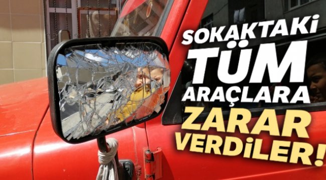 Önce yumruk sonra tekmelerle sokaktaki tüm araçlara zarar verdiler