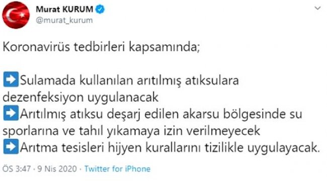 Bakan Kurum: Sulamada kullanılan arıtılmış atık sulara dezenfeksiyon uygulanacak