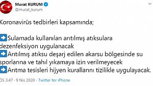 Bakan Kurum: Sulamada kullanılan arıtılmış atık sulara dezenfeksiyon uygulanacak