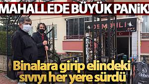 Binalara girip elindeki sıvıyı her yere süren kadın panik oluşturdu