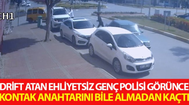 Drift atan ehliyetsiz genç, polisi görünce kontak anahtarını bile almadan aracı bırakıp kaçtı