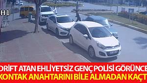 Drift atan ehliyetsiz genç, polisi görünce kontak anahtarını bile almadan aracı bırakıp kaçtı