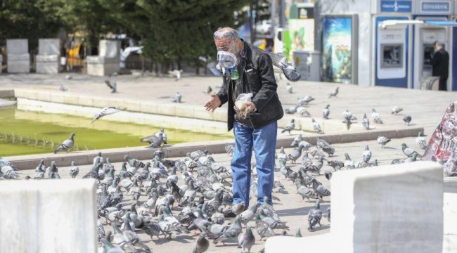 Pet şişeden maskesiyle kuşların karnını doyurdu