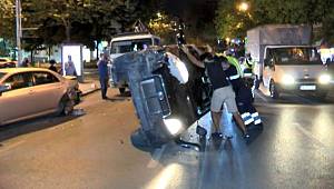 Kadıköy'de park halindeki otomobile çarpan otomobil takla attı
