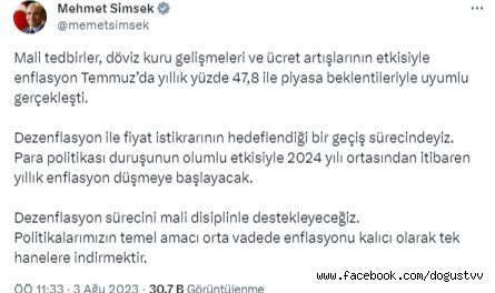 2024 yılı ortasından itibaren yıllık enflasyon düşmeye başlayacak